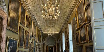 Corridoio a volta ornato con soffitto affrescato e dipinti paesaggistici all'interno di una villa papale o palazzo romano