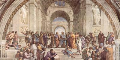 Afresco A Escola de Atenas de Rafael nos Museus do Vaticano