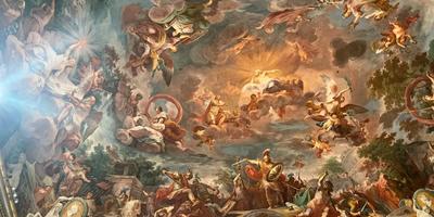 Barockes Deckenfresko mit mythologischen Figuren, Göttern und Kampfszenen in einem römischen Palast