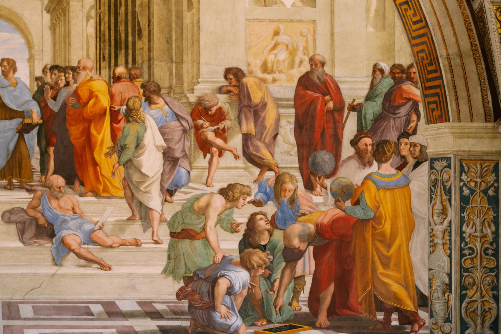 Détail rapproché du tableau L'École d'Athènes