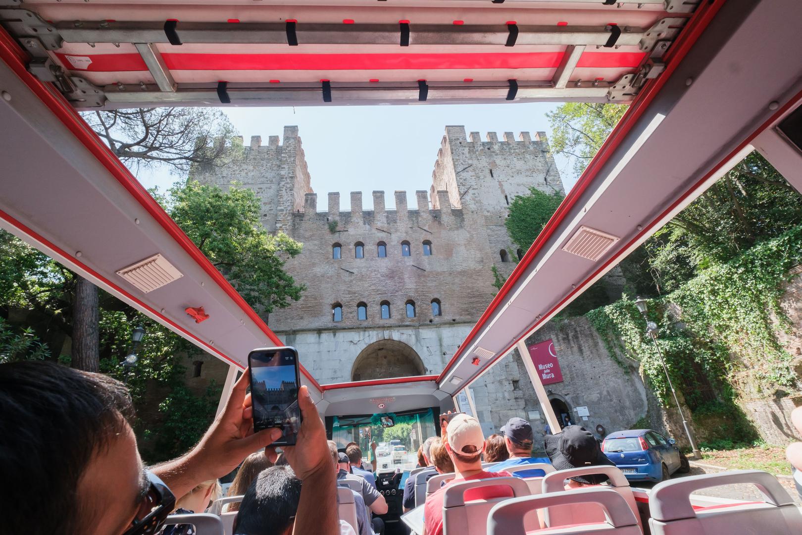 View of the Porta San Sebastiano from hop-on-hop-off bus